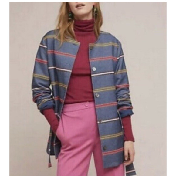 Anthropologie Dolan Left Coast Collection Coat M Striped Blue Cotton Blend Belt - Picture 2 of 9